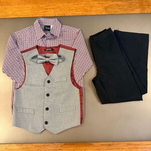 Boys' Checkered Shirt with Gray Vest and Black Pants Set - Size 8 - 4pcs